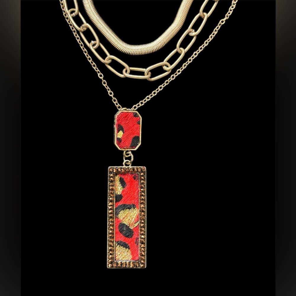 Gold and Red Leopard Print Layered  Necklace